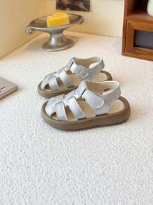 1 Pair Summer New Kids Peep-Toe Sandals, Boys/Girls Soft Bottom Non-Slip Woven Roman Shoes, Versatile Fashion Baby Flat Shoes - Silver - View 4