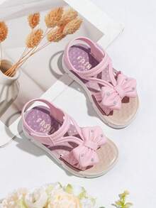 1 par de sandalias casuales de moda con lazo y strass para niñas, de suela blanda y antideslizante, con cierre de gancho y bucle, punta abierta y plana, ideales para el verano - Morado - Ver 4