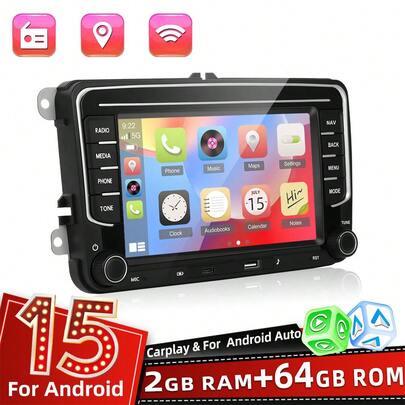 2+64G Autoradio für VW Golf Tiguan Touran Passat PolO Caddy Seat mit Kabellosem Carplay/Android Auto, 7 Zoll Android 15 Touchscreen GPS Navigation/WiFi/FM/SWC/Canbus/BT/EQ