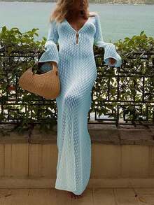 Crochet Deep V-Neck Women's Fashion Elegant Sexy Minimalist Solid Color Casual Knit Dress, Suitable For Beach, Music Festival, Wedding Season, Vacation Summer - Light Blue - View 3