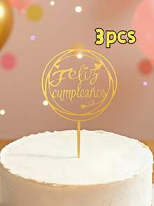 1/3/5件套西班牙风格亚克力生日蛋糕（带姓名牌），生日快乐PMMA蛋糕装饰插牌，蛋糕装饰，烘焙装饰，烘焙用品，厨房用品，适用于万圣节、圣诞节派对和庆祝活动装饰 - 金色 - 查看 9