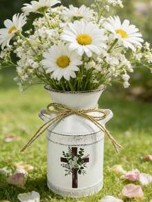 Distressed White Flower Vase. Suitable For Pink Peony & Silver Leaf Bouquet, Paired With An Open Notebook On A Lace Tablecloth, Accented With Flower Petals To Create A Gentle And Elegant Literary Atmosphere. - White - View 2