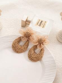 1 Pair Bohemian Vacation Style Earrings With Simple And Personalized Five-Leaf Flower+Circular Earrings, Handmade And Woven Grass Suitable For Women's Daily Wear - Multicolor - View 6