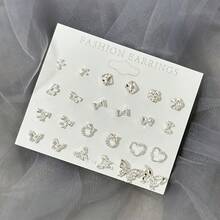 12 Pairs Small Bow & Heart Stud Earrings Set, Fashionable Elegant Versatile, Suitable For Daily Wear, Ideal Gift For Holidays - Silver - View 6