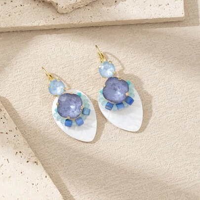 1 Pair Handmade French Natural Shell Leaf-Shaped Crystal Rhinestone Earrings, Varying Shapes, Colors And Patterns