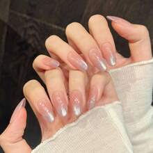 10Pcs Press On Nails Handmade Nude Cat Eye Design Oval Medium Length Artificial Acrylic False Nails For Women Daily Wear Party Wedding Photography - Watermelon Pink - View 5