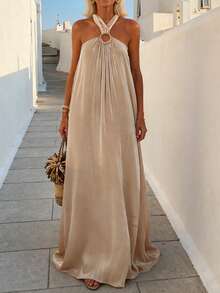 Vestido largo sin espalda de tela ligera con cinturón elástico en la cintura, estilo vacacional para primavera/verano - Dorado - Ver 3