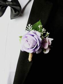 1支/6支装奢华公主玫瑰花配泡沫满天星浪漫胸花，适合新郎、新娘、伴郎、伴娘、婚礼、订婚、宴会、派对、夏季、海滩、节日等场合，优雅大方。 - 淡紫色 - 查看 2