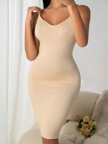 SEXYEYE Seamless Elegant Slip Dress With A Full-Length Design, Featuring An Anti-Exposure Layer, Comfortable And Breathable Fabric, Suitable For Women, Without Shaping Functionality - 杏色 - 查看 3