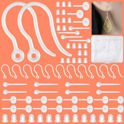 KMEOSCH Kit de accesorios para pendientes DIY de 4 compartimentos con 60 ganchos de pendientes de plástico transparente, 100 pendientes de botón circulares, 100 pendientes de botón esféricos y 200 almohadillas de silicona para pendientes - Componentes de joyería DIY hipoalergénicos para hacer pendientes hechos a mano