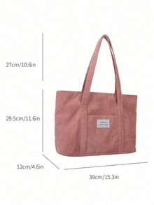 Large Capacity Solid Color Simple Corduroy Tote Bag, Tote Bags For Students, Multiple Compartments, Perfect For Beach, School, Work & Daily Use, Literary School Bag For Teens, Book Bag For Women Or Students, Perfect For Books, Shopping, Back To School And More, Perfectly Matching With Fall Outfits Women - 粉色 - 查看 2