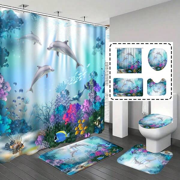 1pc/4pcs Bathroom Curtains Shower Set, Shower Curtain Set, Bathroom Decor, Bathroom Rug, Home Decor, Bath Mat, Dolphin, Coral And Tropical Fish Pattern, Gift, Ocean Theme Decoration, Bathroom Set, Comes With 12 Hooks