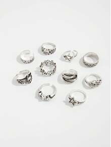 10pcs/Set Vintage Dark Style Open Rings, Dice/Feather Multi-Element Ring Set, Unisex, Suitable For Casual Wear With Hoodies/ Outfits - Silver - View 3
