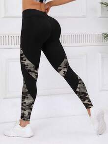 女士撞色印花口袋设计休闲健身紧身裤 - 彩色 - 查看 4