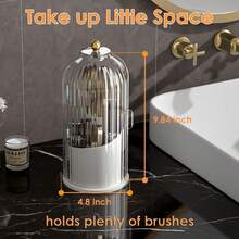 360° Rotating Makeup Brush & Toothbrush Organizer With Clear Dustproof Sliding Lid Multi-Grid Hidden Storage Box 3-Slot Varying Heights Waterproof Vanity Bathroom Countertop Holder Glass Dome Metal Base - trắng - Xem 6