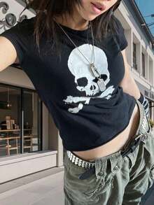 Women's Y2k Grunge Short Sleeve T-Shirt Round Neck Slim Fit Baby Tee Gothic Skull Print Party Shirts Vintage Casual Going Out Tops Streetwear - Hồng - Xem 1