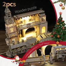 2pcs 3D Wooden Puzzle Mechanical Train And Railway Station Model Kits Brain Teaser Puzzles Vehicle Building Kits Unique Gift On Birthday Christmas Day - trắng - Xem 1