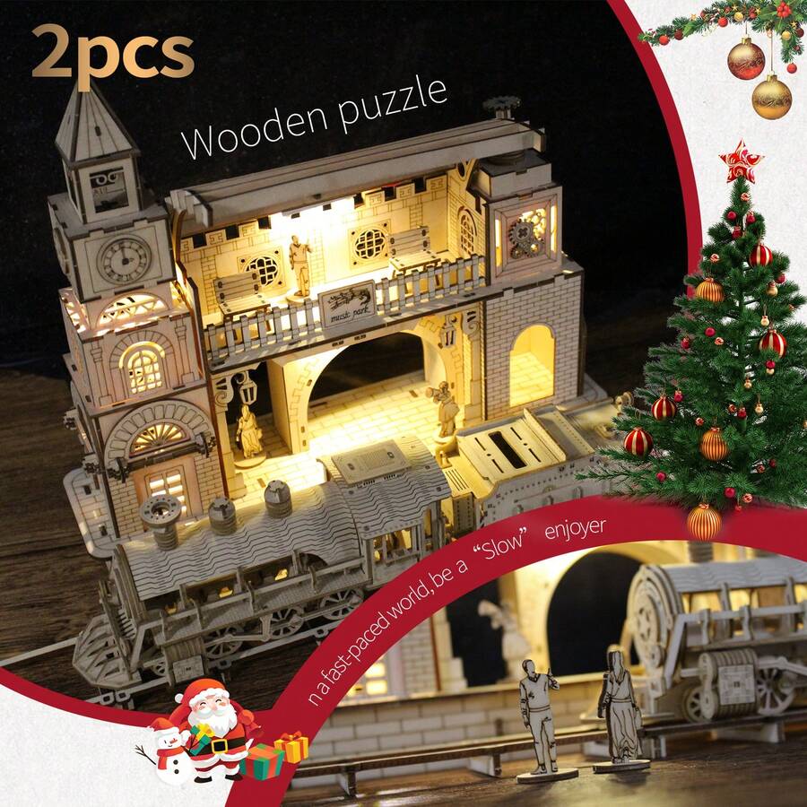 2pcs 3D Wooden Puzzle Mechanical Train And Railway Station Model Kits Brain Teaser Puzzles Vehicle Building Kits Unique Gift On Birthday Christmas Day - trắng - Xem 1