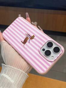 Pink Stripe Dachshund Soft Phone Case - Cute Y2K Aesthetic, Puppy Accessory, Faux Leather Texture, Compatible With IPhone & Galaxy - Pink - View 6
