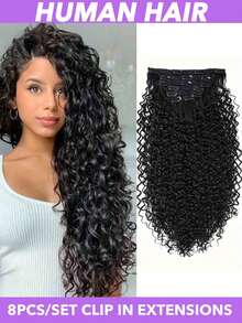 8pcs/Set Brazilian Remy Human Hair Extensions - Natural Black Water Wave Clip-In Full Head For Women, Long-Lasting & Durable, No Heat/Chemical Damage, Easy Application For Volume & Length, Hair Extensions For Women, Sleek Hairpiece 8-28 Inch - Natural Black - View 1