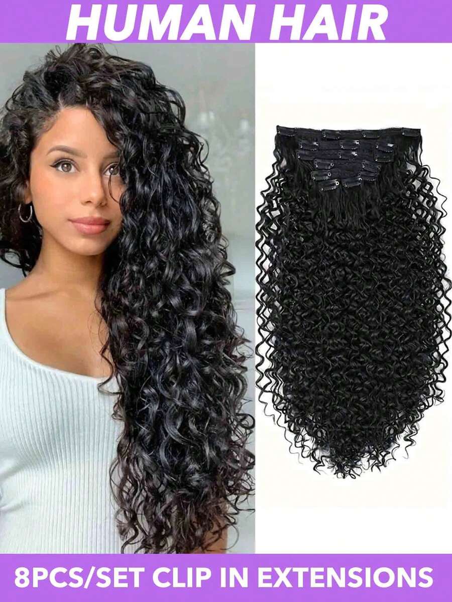 8pcs/Set Brazilian Remy Human Hair Extensions - Natural Black Water Wave Clip-In Full Head For Women, Long-Lasting & Durable, No Heat/Chemical Damage, Easy Application For Volume & Length, Hair Extensions For Women, Sleek Hairpiece 8-28 Inch - Natural Black - View 1