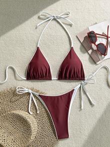 2pcs Women's Leopard Print Spaghetti Strap Tie Sexy Bikini Set, Suitable For Beach Vacation - Burgundy - View 2