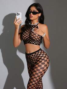 一套女士性感黑色露背上衣和渔网紧身裤内衣套装 - 黑色 - 查看 3