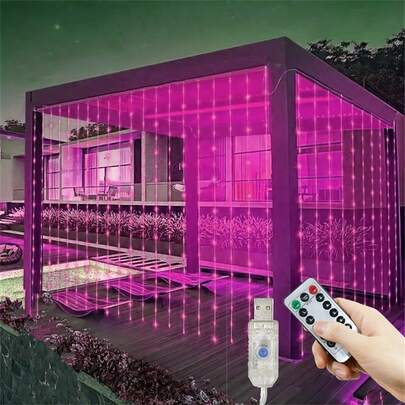 USB供电LED窗帘灯串，8种模式，带遥控器，适用于派对、家居、卧室、厨房、花园、婚礼、斋月、情人节、生日、露营、背景装饰、户外等场合的装饰灯。