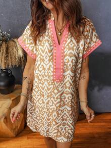 Acelitt Đầm ngắn trễ vai kiểu phương Tây in họa tiết sọc phối màu thời trang mùa hè, thanh lịch, thích hợp cho kỳ nghỉ. - Nhiều màu - Xem 3