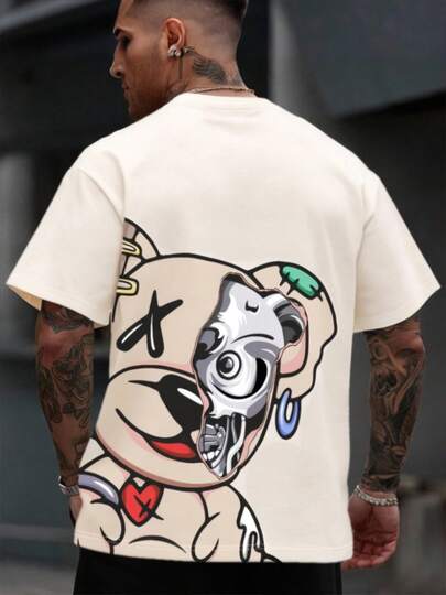 Men's Casual Printed T-Shirt, Cartoon X Mechanical Patchwork Bear Pattern, Loose Fit Beige T-Shirt, Regular Silhouette, Suitable For Everyday Casual Wear