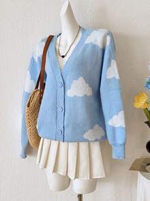 PUMPKIN Casual V-Neck Loose Cardigan, Women Floral Print Long Sleeve Beach Swimwear Sweet Preppy Style Valentine's Day Party Outwear - Blue and White - View 4