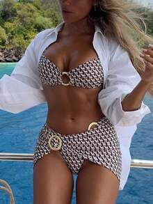 Bộ đồ bơi nữ Xuân/Hè 2026 - Áo bơi in họa tiết bất đối xứng trang nhã, gợi cảm kiểu retro, quần bơi tam giác, bikini kiểu sarong cho kỳ nghỉ/đi biển. - Màu Khaki - Xem 11