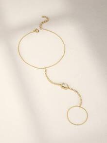 1PC 925 Sterling Silver Dainty Prong Setting Irregular Ring Bracelet Hand Chain For Women Dainty Cubic Zirconia Bracelet And Ring Chain Body Jewelry Daily Wear Wedding Party Engagement Anniversary Valentine's Day - Gold - View 5