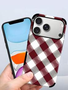 复古苏格兰红色格子图案印花手机壳，防震防尘，彩色印花图案，皮革粘贴工艺，扬声器孔设计，音效增强，兼容 17/16/15/14/13/12/11，Galaxy S22/23/24。圣诞快乐，节日快乐！格子图案超细纤维PU材质 - 酒紅 - 查看 7
