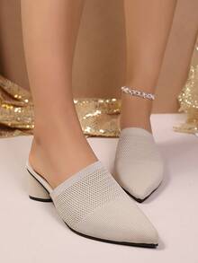 女士时尚露跟尖头粗跟套脚凉鞋 - 米色 - 查看 2