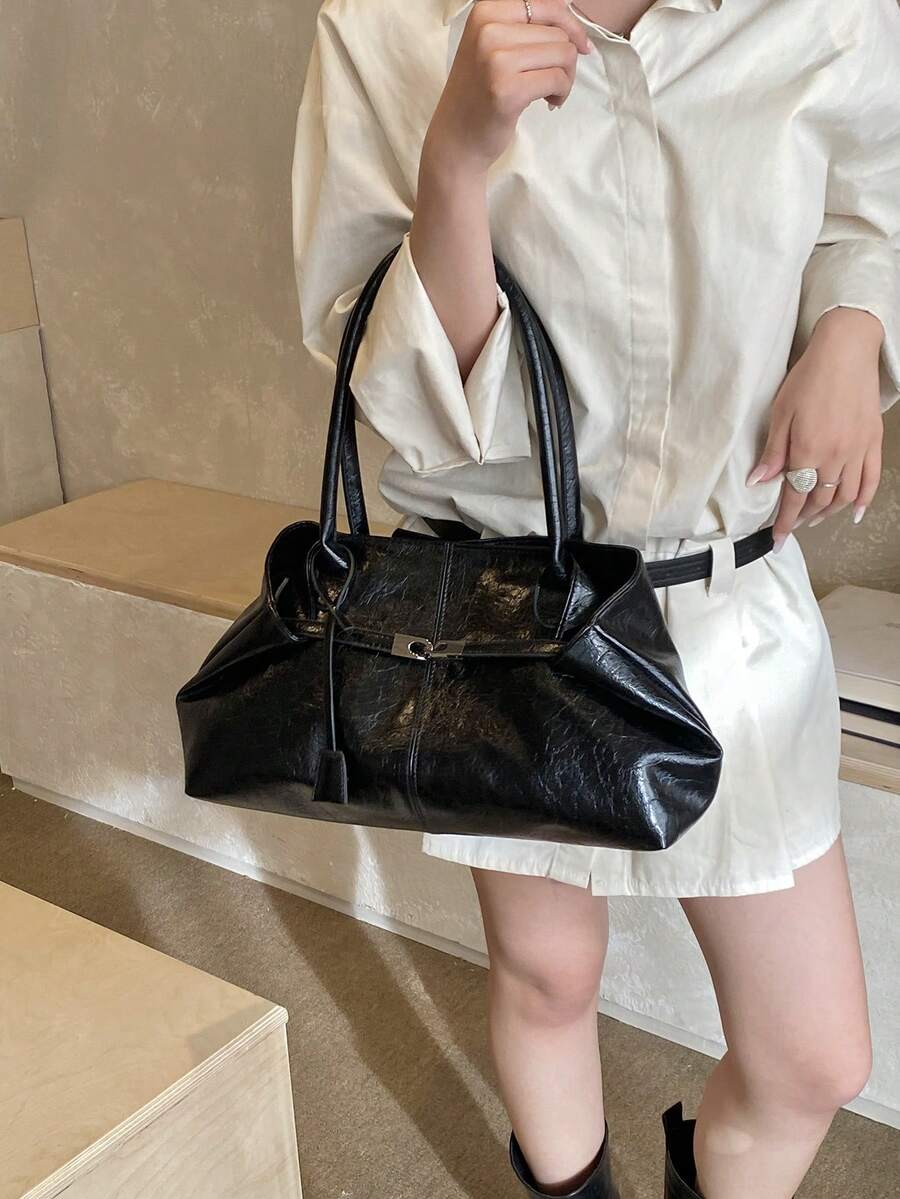 1个女士大容量手提包，PU皮革单肩包，休闲经典简约设计师商务风格包，时尚女士通勤包，黑色、白色、棕色、银色