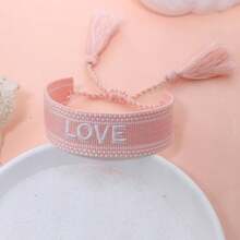 1pc Handmade Embroidered Love Letter Boho Tassel Braided Bracelet - Baby Pink - View 4