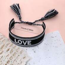 1pc Handmade Embroidered Love Letter Boho Tassel Braided Bracelet - Black - View 6