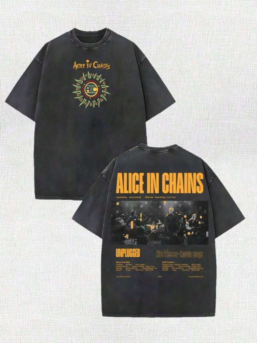 Retro Album "Alicein Chains" Band Members Men's Washed T-Shirts, Unisex Gifts, Music Tour T-Shirts, Patterned T-Shirts. - màu đen - Xem 1