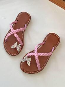 1 Pair Girls' Pink Woven Glitter Bow Decor PU Sole Soft Non-Slip Durable Round Toe Slip-On Sandals, Suitable For 3-15 Years Old Girls For Daily, Party, Travel, Street Style, Spring/Summer 2026 New Arrival - Pink - View 4