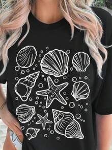 Women's T-Shirt With Shell Print - Negro - Ver 2