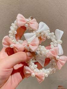 2个儿童珍珠发圈，蝴蝶结发绳，女孩发饰，简约INS风婴儿球形发箍，马尾辫发绳，日常佩戴，婚礼花童头饰 - 白色 - 查看 5