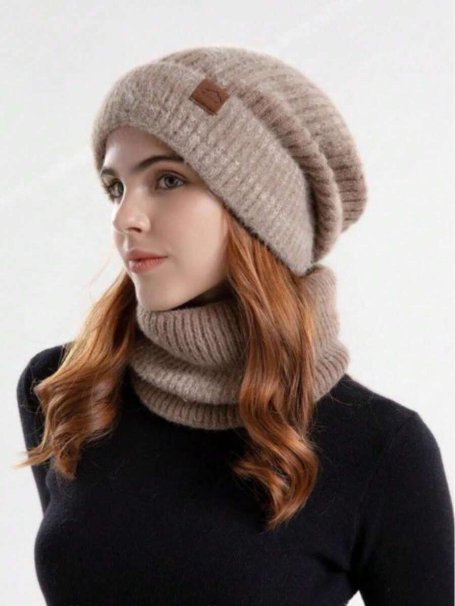 2pcs Women's Hat And Scarf Set, Thick Warm Ear Protection Knitted Beanie Cap, Autumn/Winter