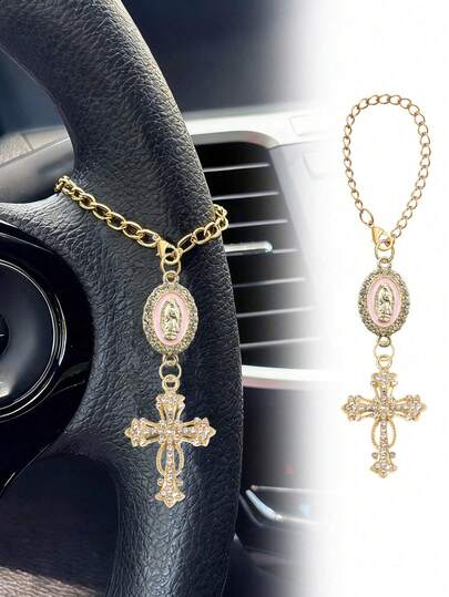 1pc Steering Wheel Decor - With Virgin Mary Pendant And Diamond Cross Steering Wheel Accessory, Multi-Color Options; Catholic Pendant, Car Accessories, Cross Keychain, Adjustable Chain, Fashionable Accessory