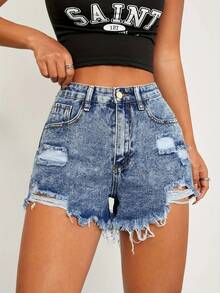 Shorts vaqueros de mujer con dobladillo deshilachado y agujeros rasgados, cierre de botón versátil de moda, jeans ajustados sin estiramiento, casuales - Azul - Ver 6