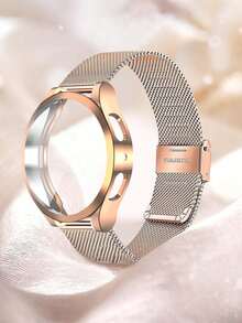 1条不锈钢网状表带+表壳组合套装,兼容三星Galaxy Watch 4 40mm/44mm、Galaxy Watch 5 40mm/44mm、Galaxy 6/7 40mm/44mm,男女通用智能手表配件表带,双扣设计,玫瑰金 - 玫瑰金 - 查看 2