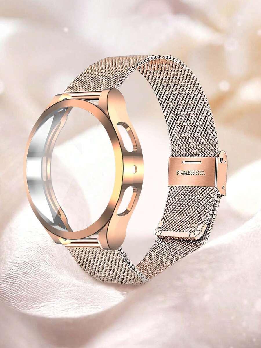 1条不锈钢网状表带+表壳组合套装，兼容三星Galaxy Watch 4 40mm/44mm、Galaxy Watch 5 40mm/44mm、Galaxy 6/7 40mm/44mm，男女通用智能手表配件表带，双扣设计，玫瑰金