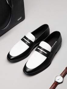 Men's Genuine Leather Penny Loafers Classic Dress Shoes Comfort Slip On Lightweight Formal Casual - 黑與白 - 查看 1