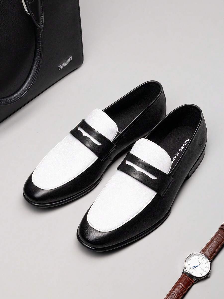 Men's Genuine Leather Penny Loafers Classic Dress Shoes Comfort Slip On Lightweight Formal Casual - 黑與白 - 查看 1
