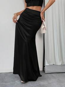 Chân váy chữ A dệt kim bóng mượt màu đen trơn thanh lịch VIVINA dành cho nữ, phù hợp cho mặc hàng ngày, hẹn hò, sân bay, phong cách đường phố, dự đám cưới, du lịch mùa hè và mùa xuân. - màu đen - Xem 8